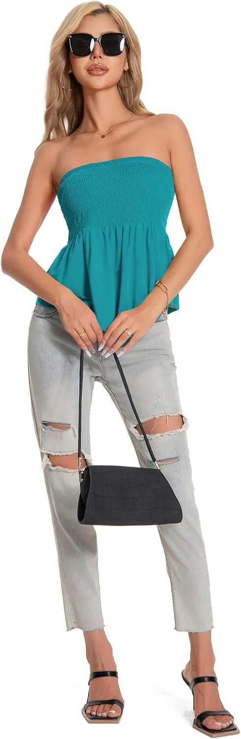 TAIPOVE Tube Tops for Women Smocked Summer Strapless Bandeau Shirts Ruffle Hem Cute Crop Peplum Trendy Going Out Outfit