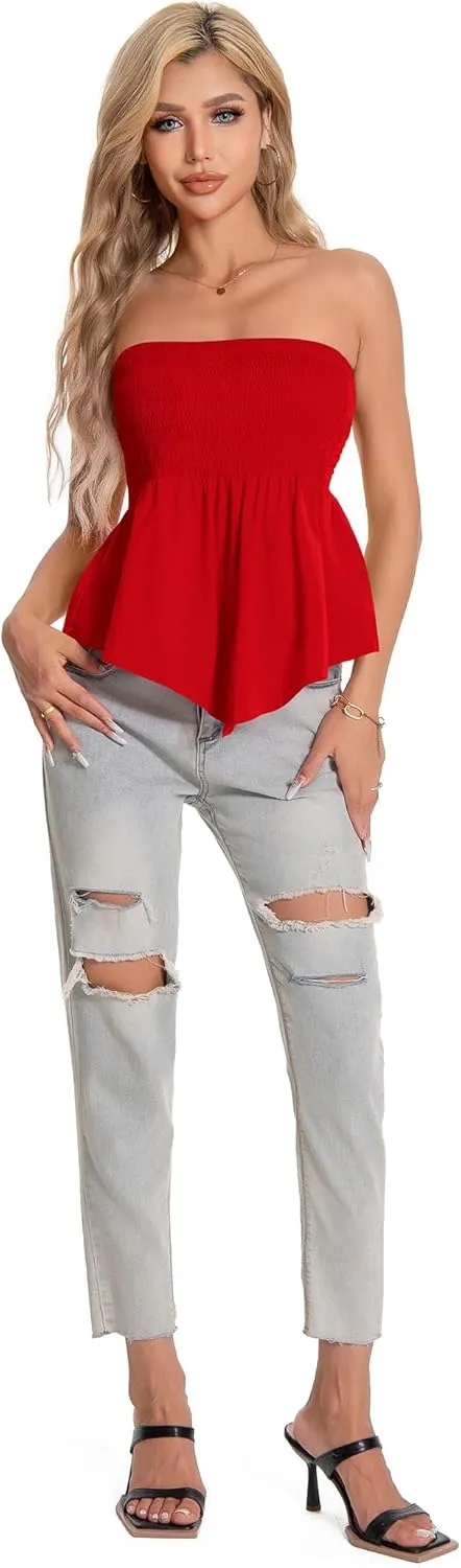 TAIPOVE Tube Tops for Women Smocked Summer Strapless Bandeau Shirts Ruffle Hem Cute Crop Peplum Trendy Going Out Outfit