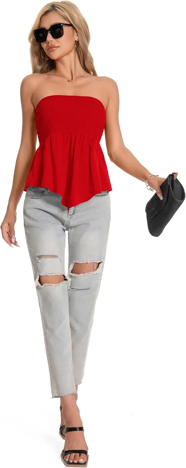 TAIPOVE Tube Tops for Women Smocked Summer Strapless Bandeau Shirts Ruffle Hem Cute Crop Peplum Trendy Going Out Outfit