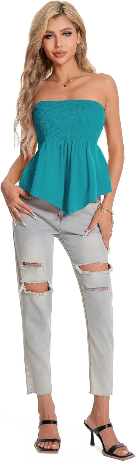 TAIPOVE Tube Tops for Women Smocked Summer Strapless Bandeau Shirts Ruffle Hem Cute Crop Peplum Trendy Going Out Outfit
