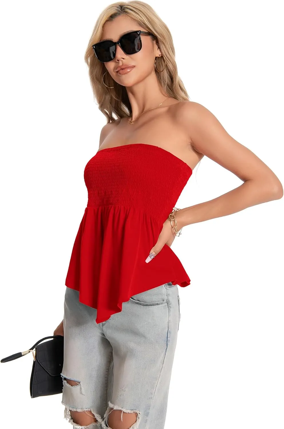 TAIPOVE Tube Tops for Women Smocked Summer Strapless Bandeau Shirts Ruffle Hem Cute Crop Peplum Trendy Going Out Outfit