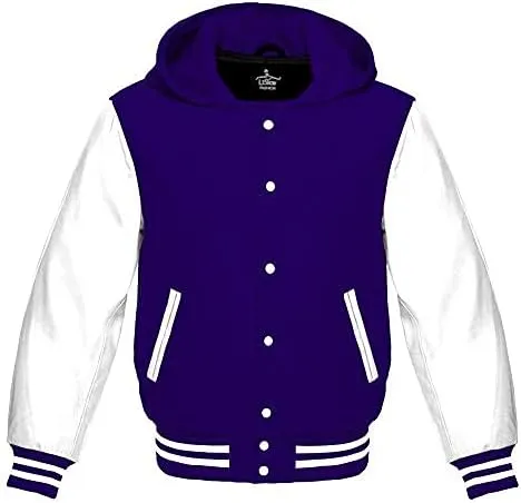 Varsity Hoodie Jacket for Baseball Letterman Bomber School of Premium Wool and Genuine White Leather Sleeves