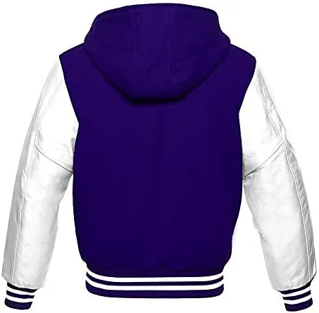 Varsity Hoodie Jacket for Baseball Letterman Bomber School of Premium Wool and Genuine White Leather Sleeves