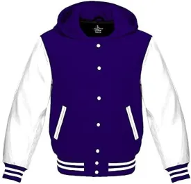 Varsity Hoodie Jacket for Baseball Letterman Bomber School of Premium Wool and Genuine White Leather Sleeves