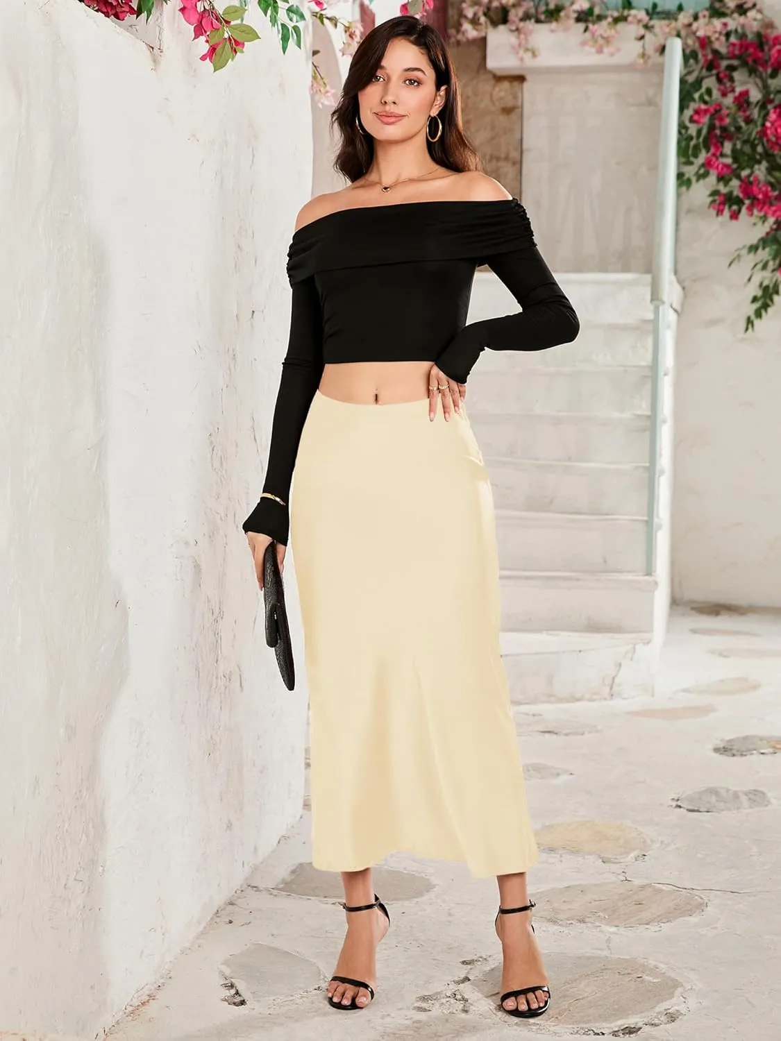 Women Long Satin Skirt Silk Elegant High Waist Cocktail Party Wedding Flared A-Line Midi Skirts