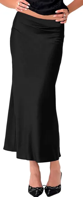 Women Long Satin Skirt Silk Elegant High Waist Cocktail Party Wedding Flared A-Line Midi Skirts