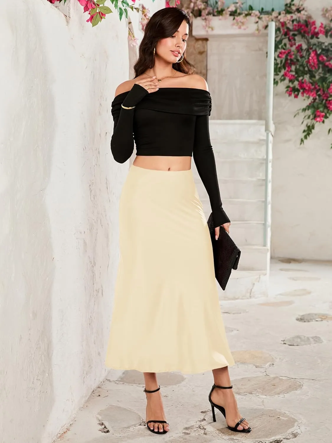 Women Long Satin Skirt Silk Elegant High Waist Cocktail Party Wedding Flared A-Line Midi Skirts