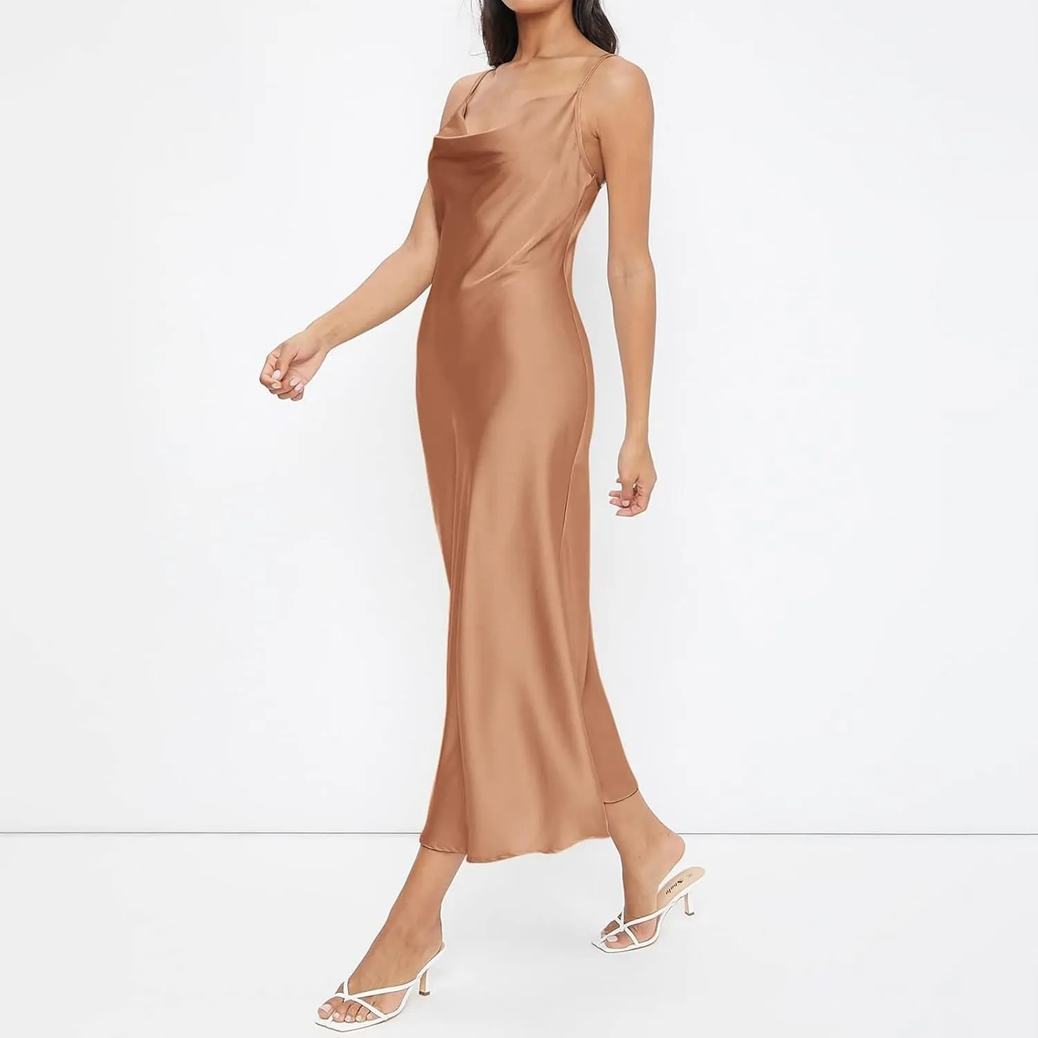 Women Satin Slip Midi Dress Cowl Neck Spaghetti Strap Silk Dress Elegant Cocktail Wedding Guest Evening Party Dresses