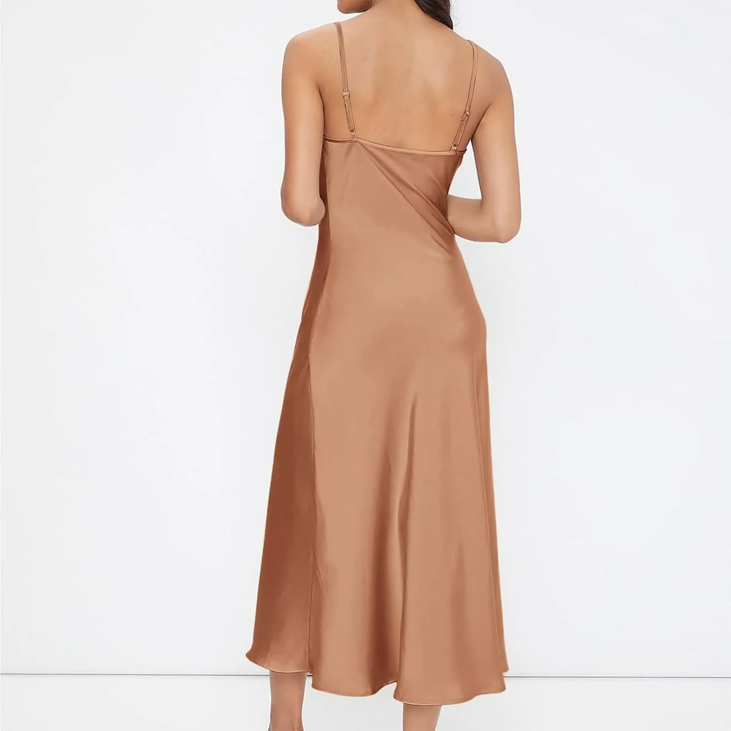 Women Satin Slip Midi Dress Cowl Neck Spaghetti Strap Silk Dress Elegant Cocktail Wedding Guest Evening Party Dresses