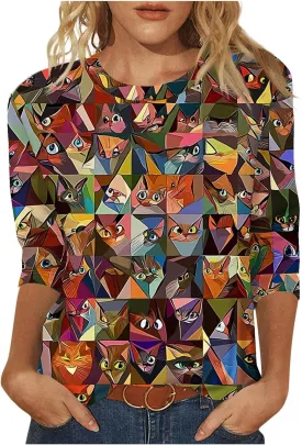 Womens 3/4 Sleeve T-Shirt Fashion Cute Cats Printed Blouses Funny Graphic Crewneck Shirts Comfy Loose T Shirts