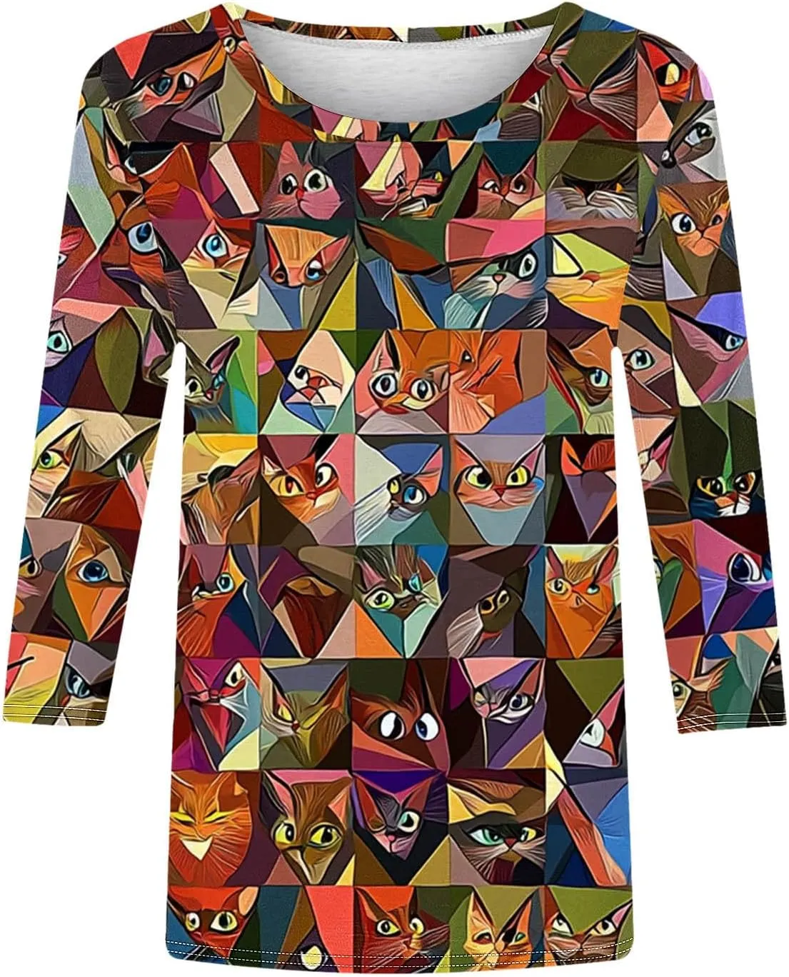 Womens 3/4 Sleeve T-Shirt Fashion Cute Cats Printed Blouses Funny Graphic Crewneck Shirts Comfy Loose T Shirts