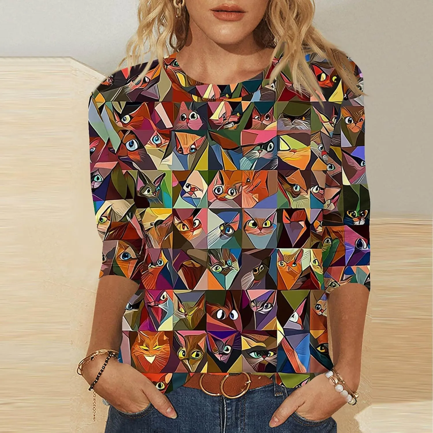 Womens 3/4 Sleeve T-Shirt Fashion Cute Cats Printed Blouses Funny Graphic Crewneck Shirts Comfy Loose T Shirts