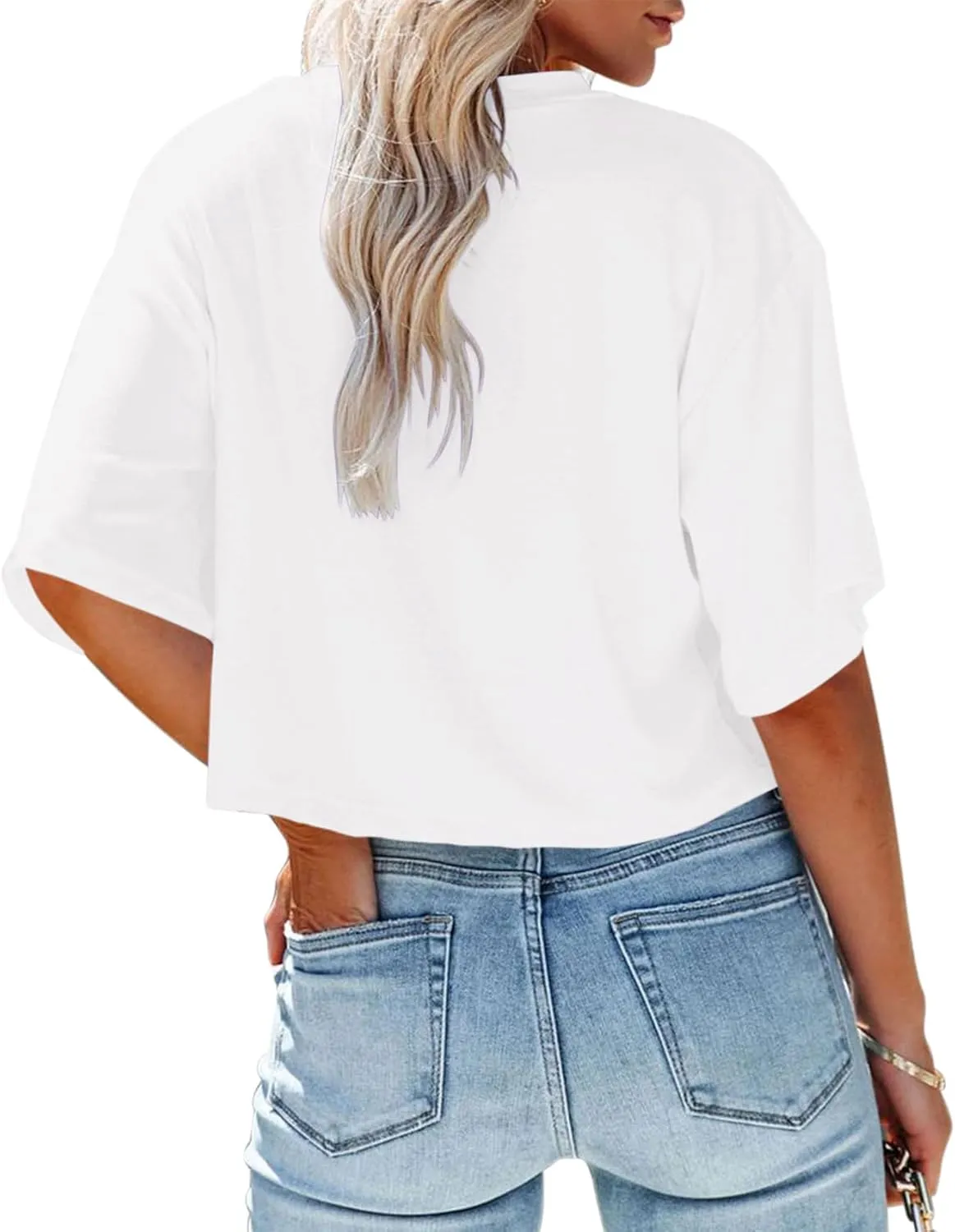 Women's Crop Tops Trendy 2025 Half Sleeve Crewneck Boxy Cropped Tee Shirts Summer Workout Tops