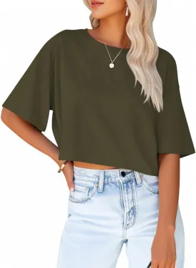 Women's Crop Tops Trendy 2025 Half Sleeve Crewneck Boxy Cropped Tee Shirts Summer Workout Tops