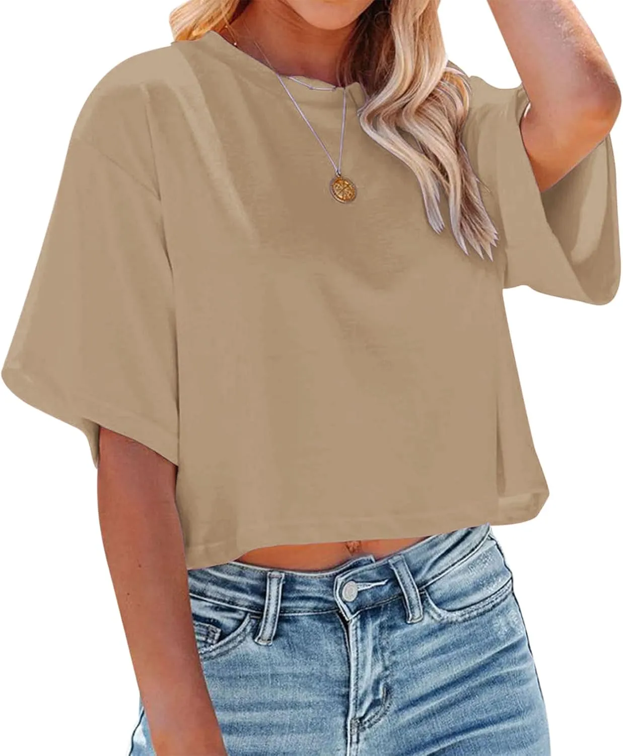 Women's Crop Tops Trendy 2025 Half Sleeve Crewneck Boxy Cropped Tee Shirts Summer Workout Tops