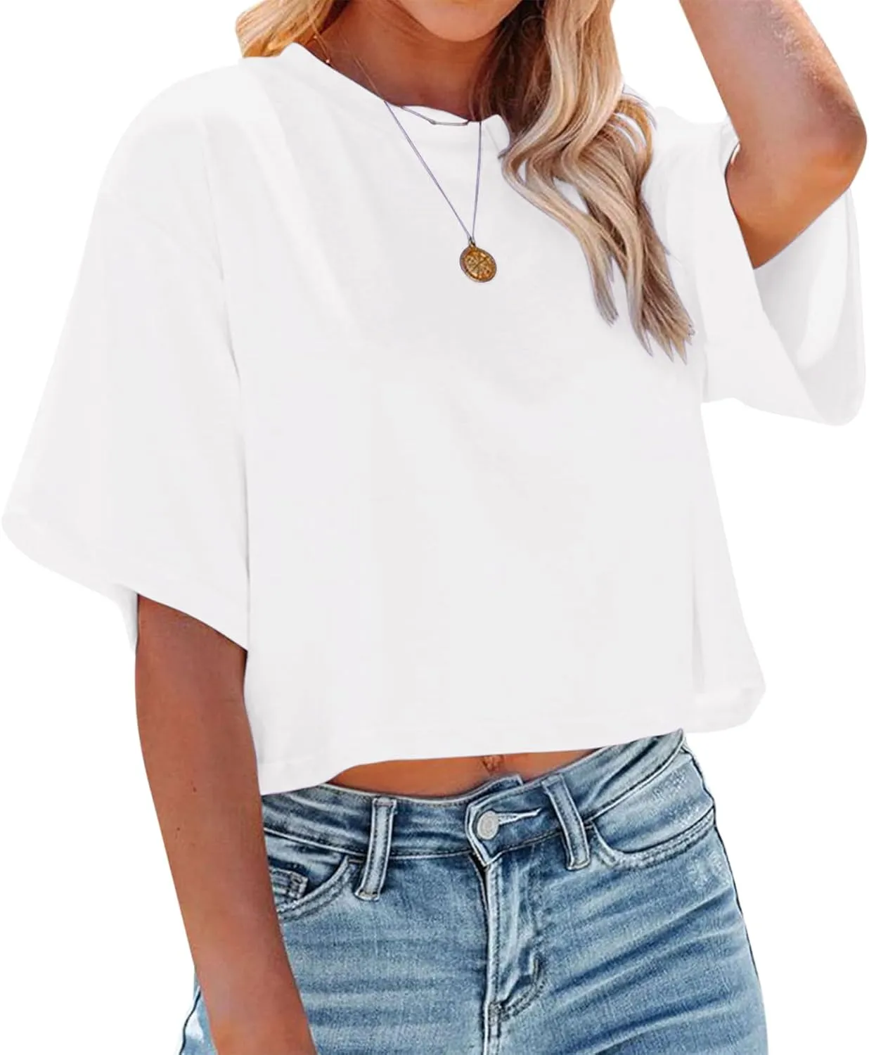 Women's Crop Tops Trendy 2025 Half Sleeve Crewneck Boxy Cropped Tee Shirts Summer Workout Tops