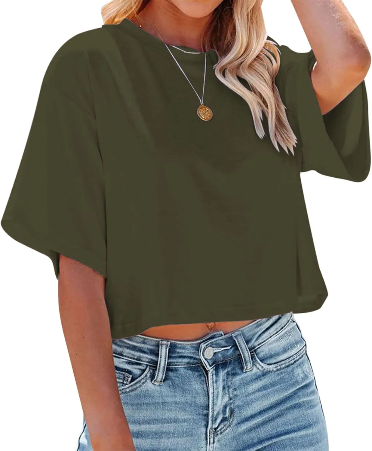 Women's Crop Tops Trendy 2025 Half Sleeve Crewneck Boxy Cropped Tee Shirts Summer Workout Tops