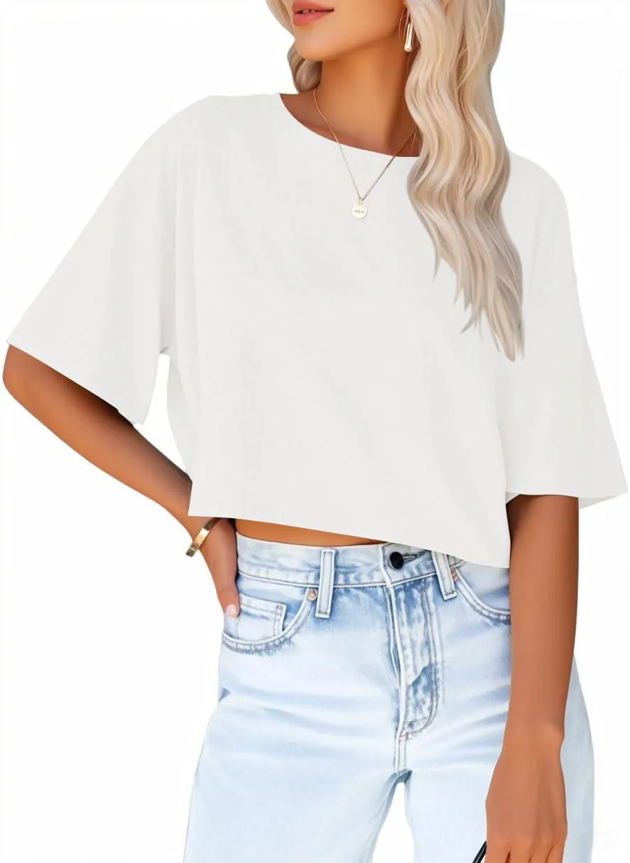 Women's Crop Tops Trendy 2025 Half Sleeve Crewneck Boxy Cropped Tee Shirts Summer Workout Tops