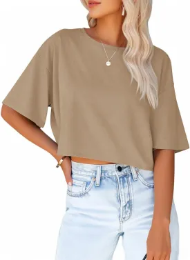 Women's Crop Tops Trendy 2025 Half Sleeve Crewneck Boxy Cropped Tee Shirts Summer Workout Tops