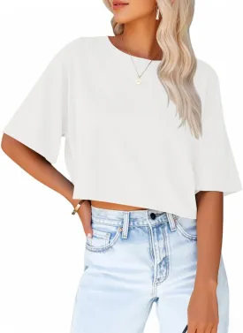 Women's Crop Tops Trendy 2025 Half Sleeve Crewneck Boxy Cropped Tee Shirts Summer Workout Tops