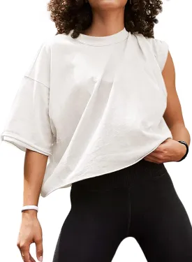 Women's Oversize Workout Crop Tops Short Sleeve Crewneck Drop Shoulder Boxy T Shirts Summer Casual Solid Basic Tees