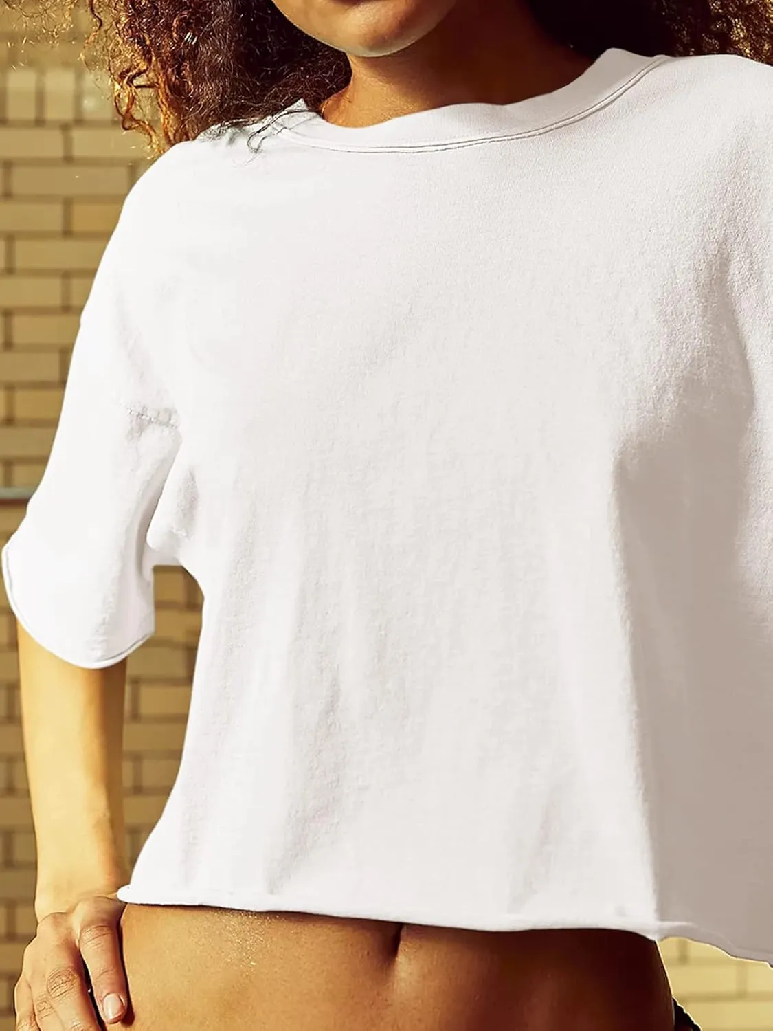Women's Oversize Workout Crop Tops Short Sleeve Crewneck Drop Shoulder Boxy T Shirts Summer Casual Solid Basic Tees