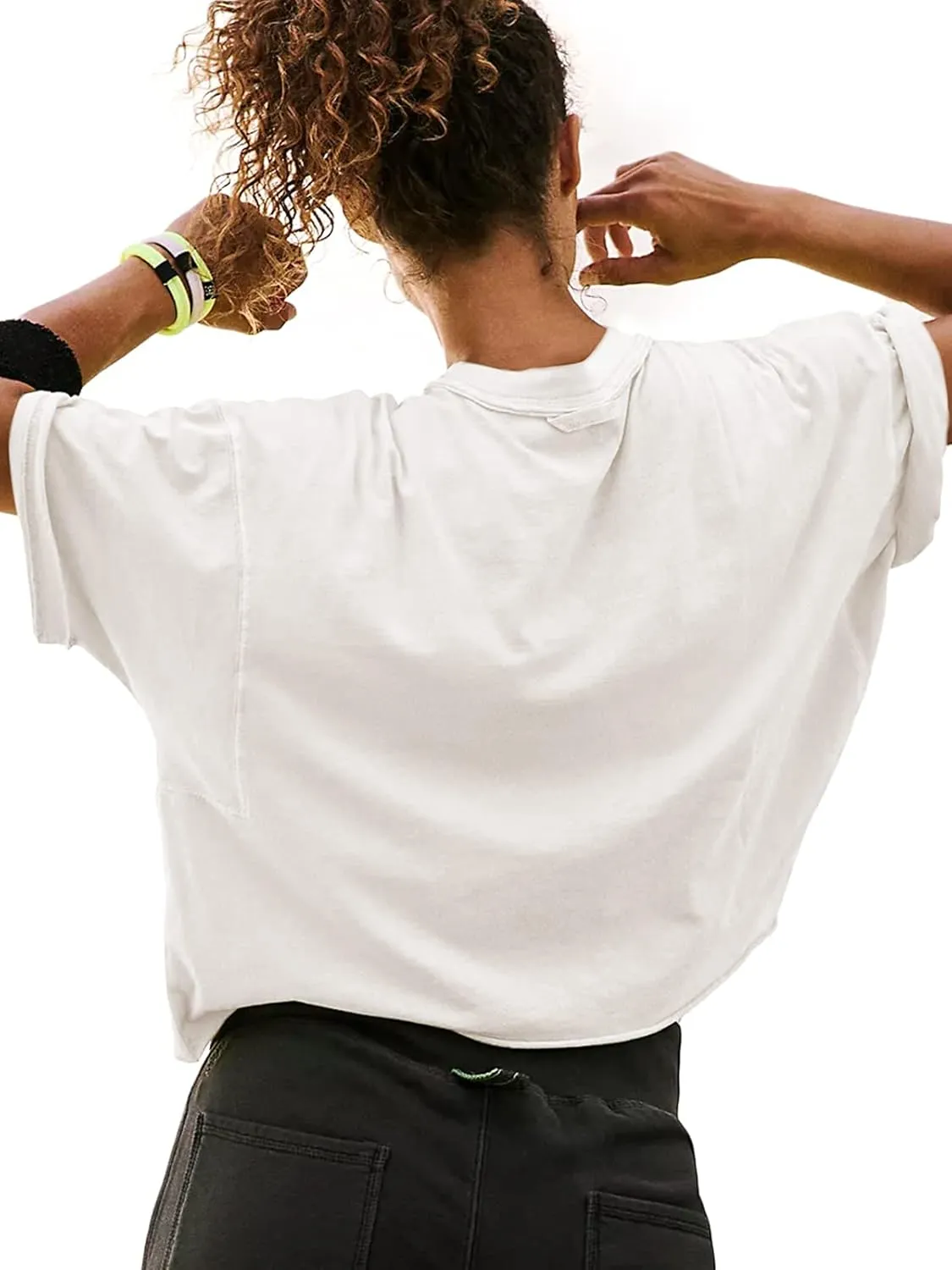 Women's Oversize Workout Crop Tops Short Sleeve Crewneck Drop Shoulder Boxy T Shirts Summer Casual Solid Basic Tees
