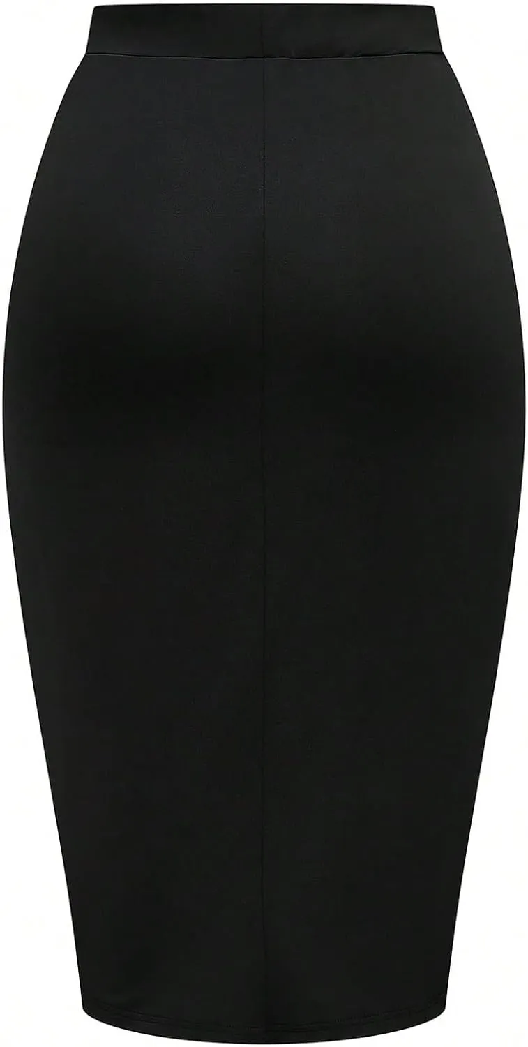 Women's Plus Size Ruched Wrap Bodycon Midi Skirts Elegant Asymmetrical Hem Long Skirt with Slit