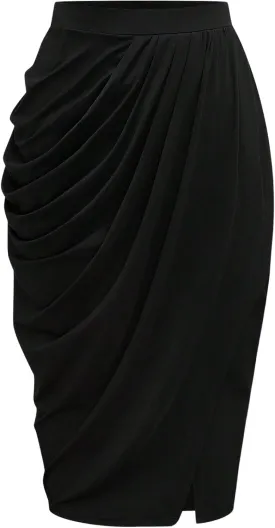 Women's Plus Size Ruched Wrap Bodycon Midi Skirts Elegant Asymmetrical Hem Long Skirt with Slit