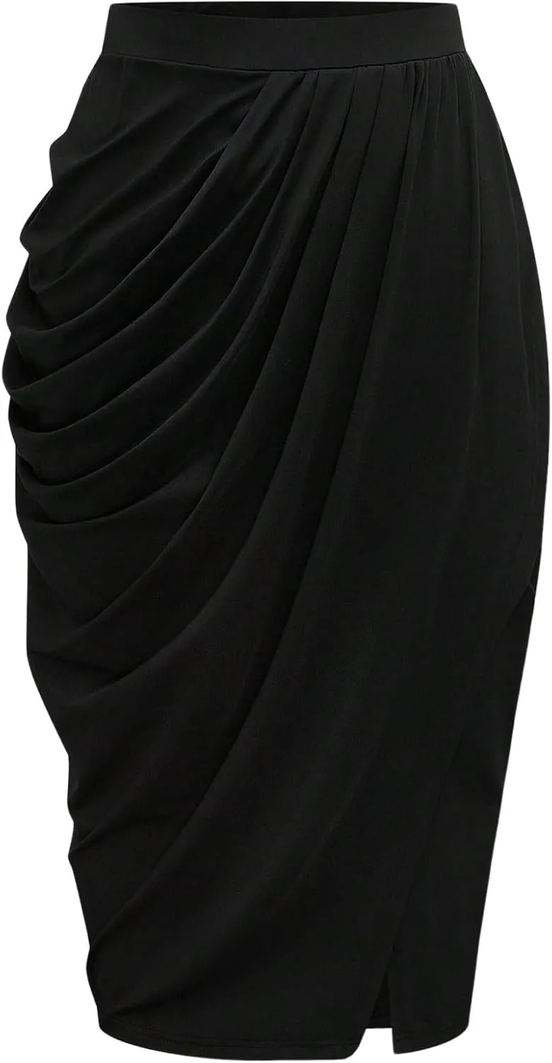 Women's Plus Size Ruched Wrap Bodycon Midi Skirts Elegant Asymmetrical Hem Long Skirt with Slit