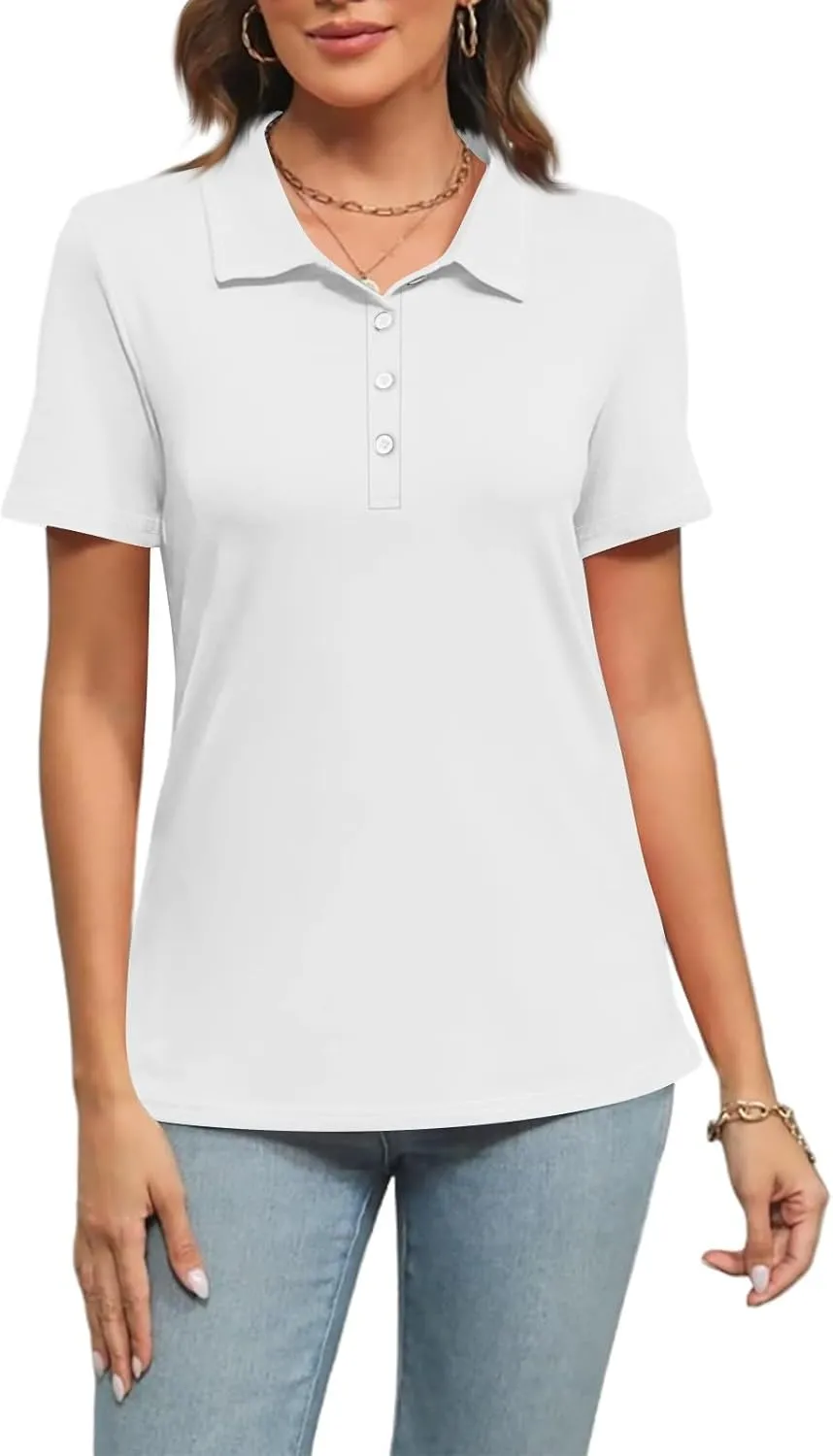 Women's Polo Shirts Short Sleeve Button Down Collared V Neck Work Tops Business Dressy Casual Golf Blouse T-Shirts