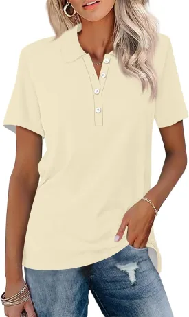 Women's Polo Shirts Short Sleeve Button Down Collared V Neck Work Tops Business Dressy Casual Golf Blouse T-Shirts