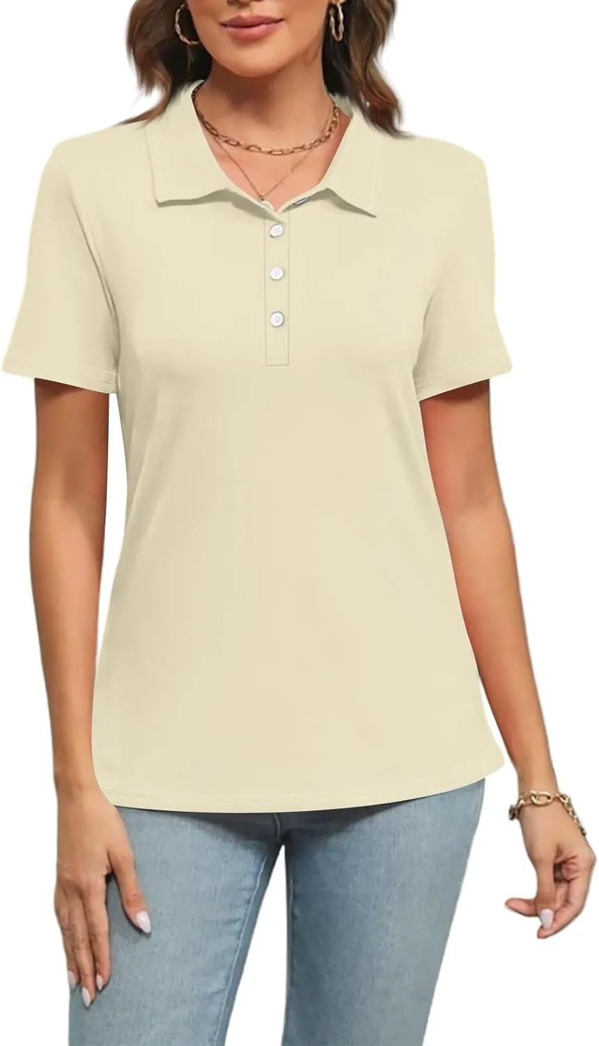 Women's Polo Shirts Short Sleeve Button Down Collared V Neck Work Tops Business Dressy Casual Golf Blouse T-Shirts