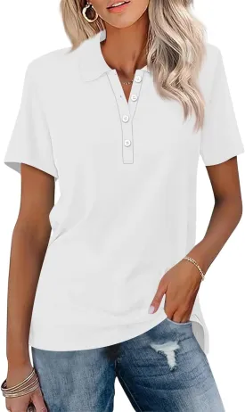 Women's Polo Shirts Short Sleeve Button Down Collared V Neck Work Tops Business Dressy Casual Golf Blouse T-Shirts
