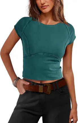 Yanekop Cropped T Shirts for Women Tight Crew Neck Cap Sleeve Tops Slim Fit Cropped Tees Basic Short Sleeve Workout Tops