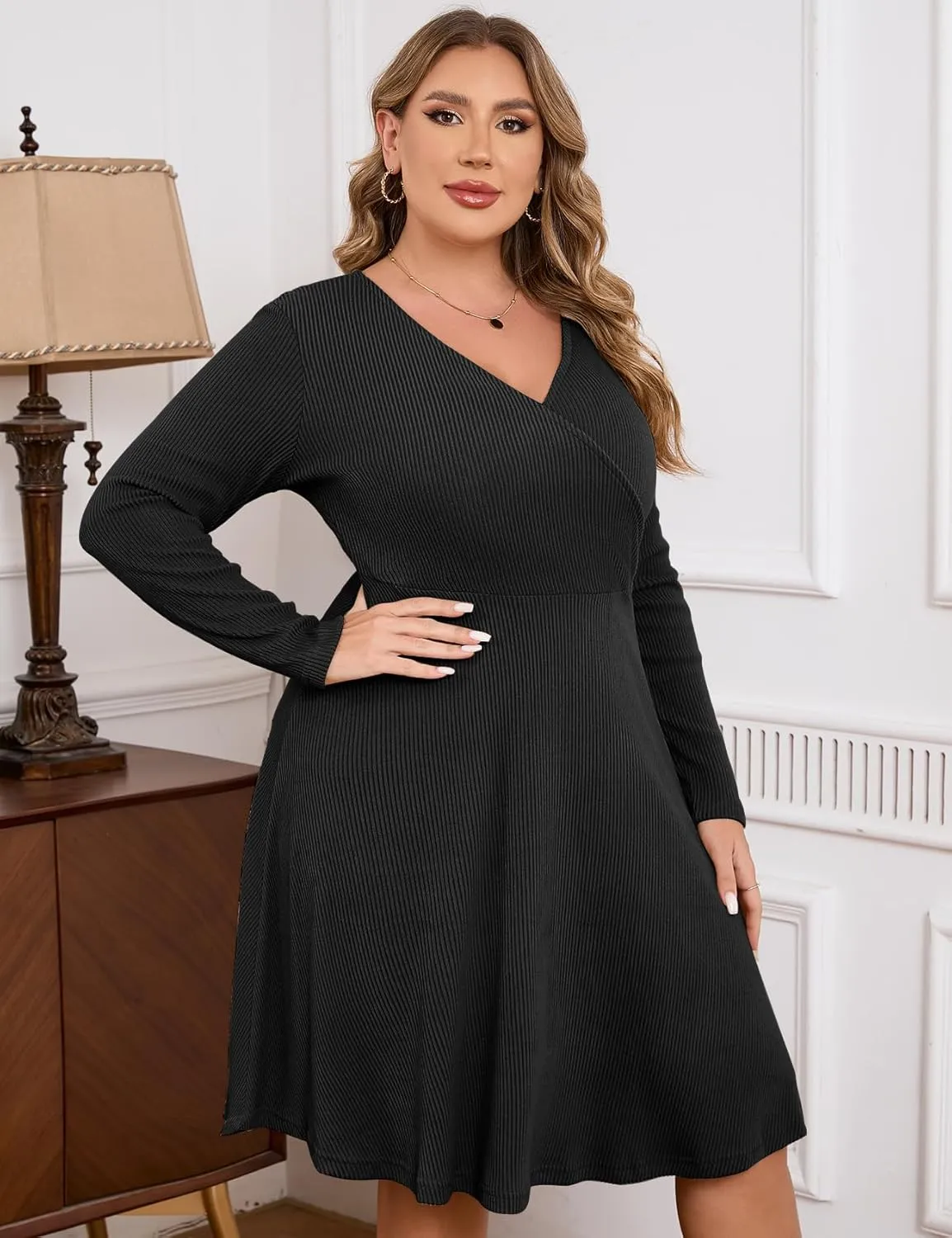 ZOMVA Plus Size Sweater Dress V Neck A-line Knee Length Dress Fall Winter Casual Ribbed Knit Long Sleeves
