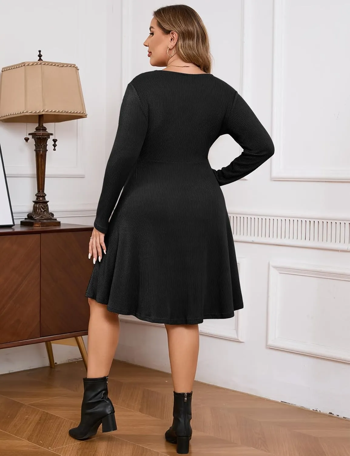 ZOMVA Plus Size Sweater Dress V Neck A-line Knee Length Dress Fall Winter Casual Ribbed Knit Long Sleeves