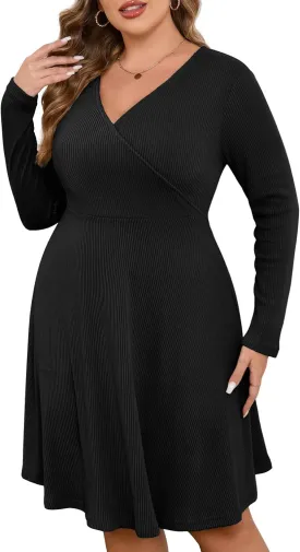ZOMVA Plus Size Sweater Dress V Neck A-line Knee Length Dress Fall Winter Casual Ribbed Knit Long Sleeves