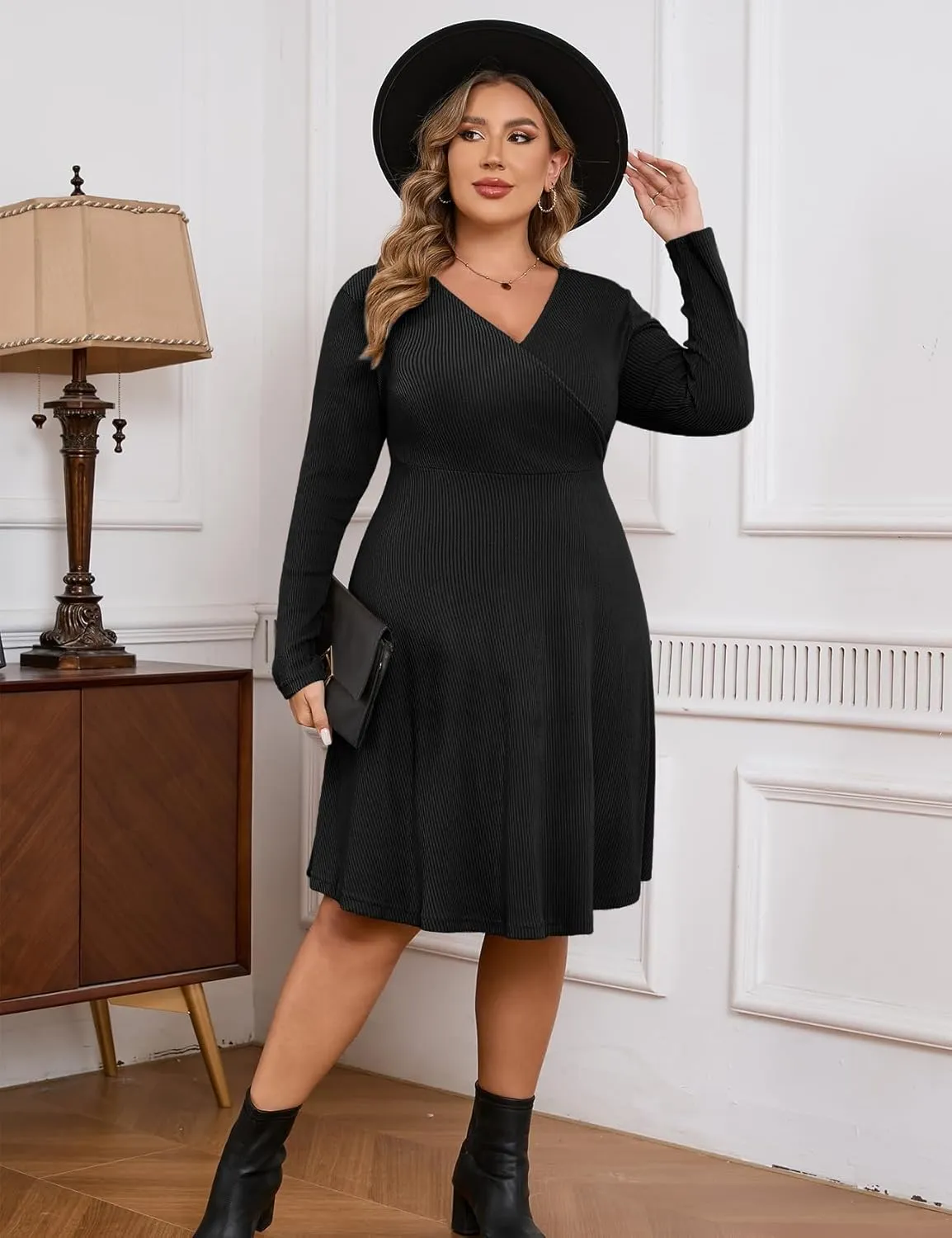 ZOMVA Plus Size Sweater Dress V Neck A-line Knee Length Dress Fall Winter Casual Ribbed Knit Long Sleeves